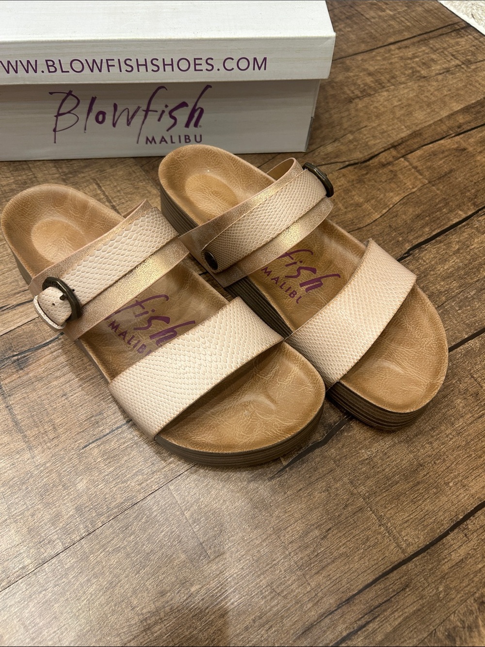 Blowfish Beige Double-Strap Buckle Slide Sandals